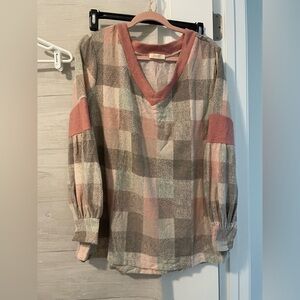 ODDY Plaid V-Neck Blouse - Pink and Brown- Brand New